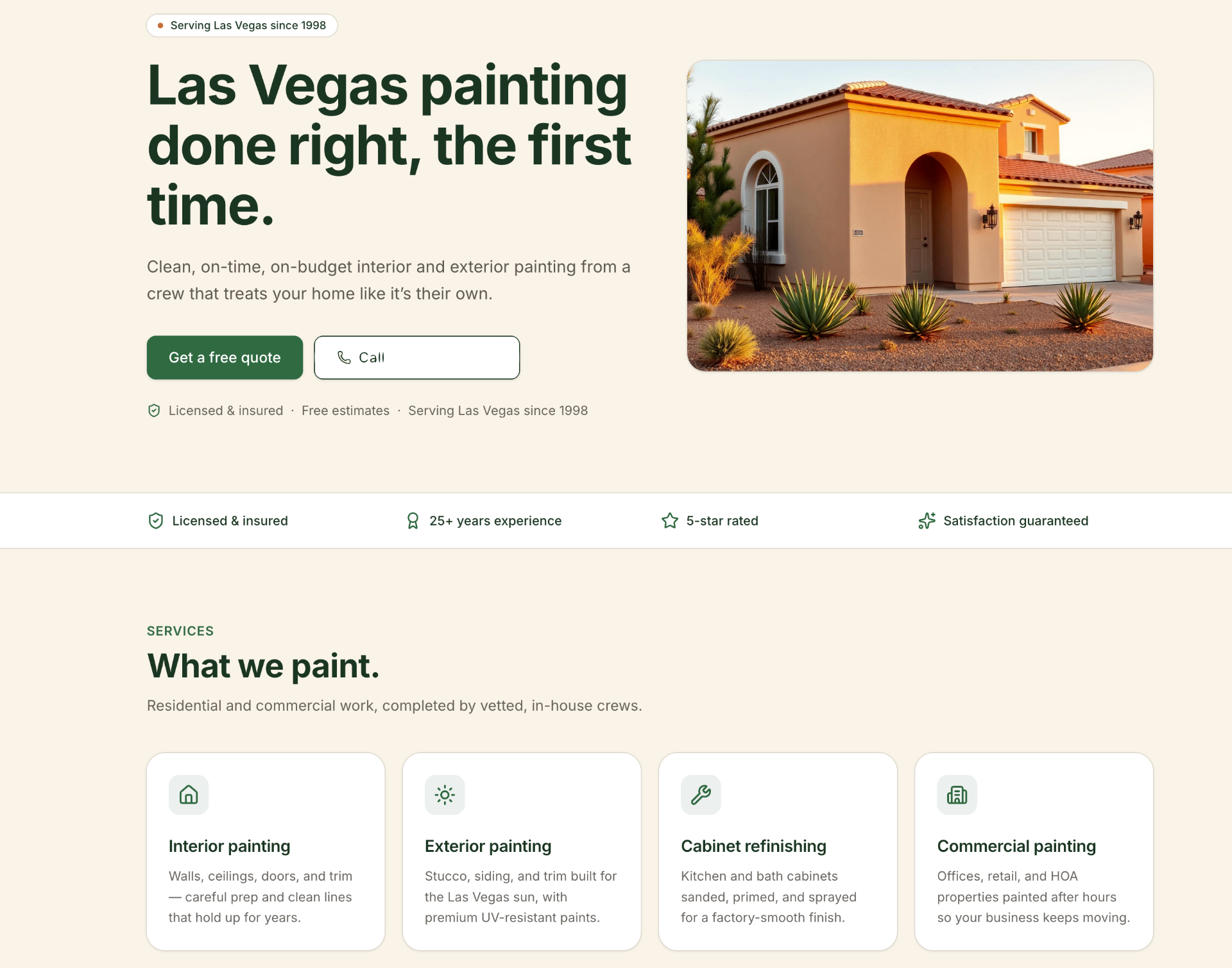 A clean painting company website with hero image and services section.
