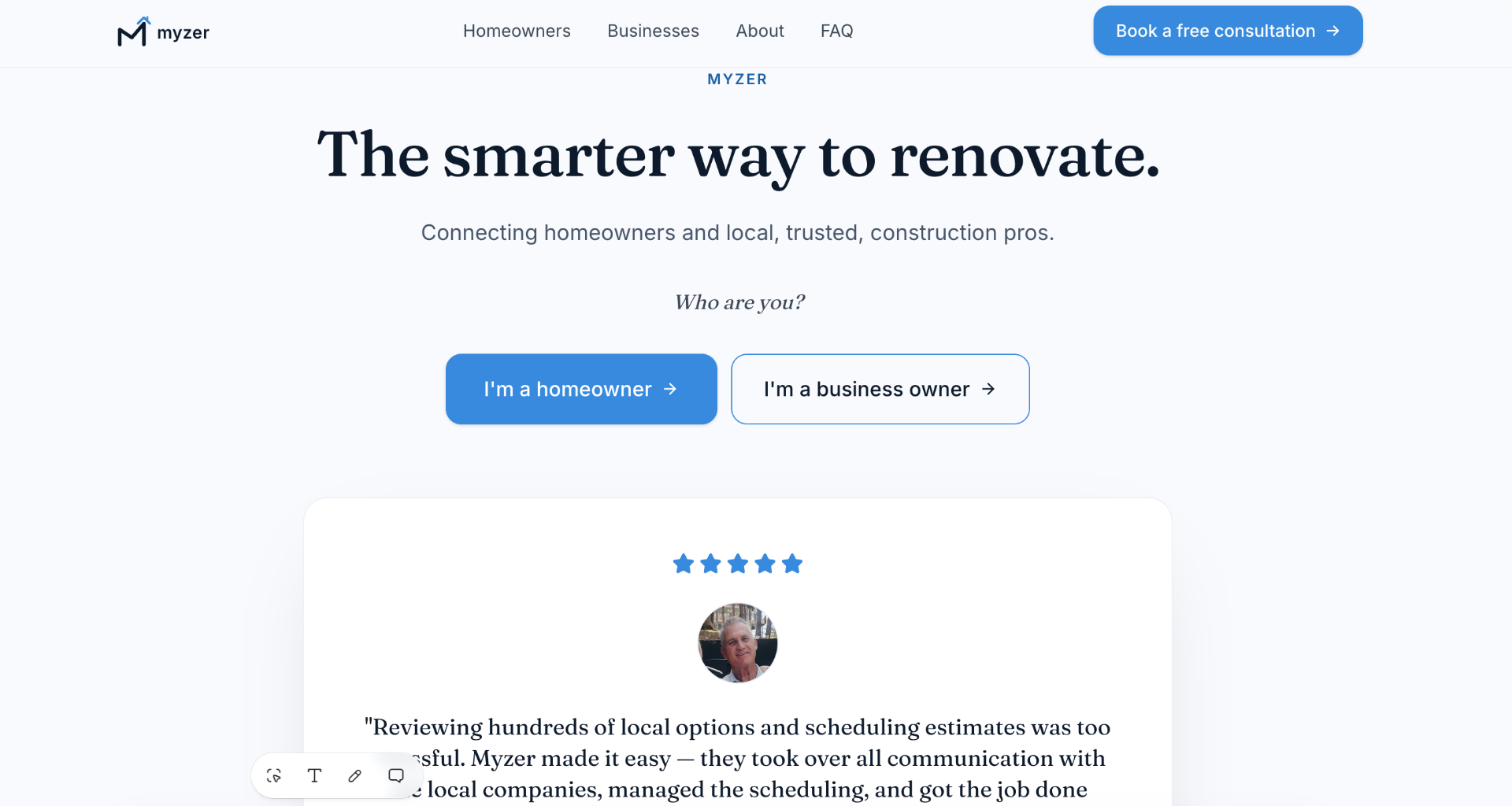 Myzer's own homepage with clean typography and clear calls to action.