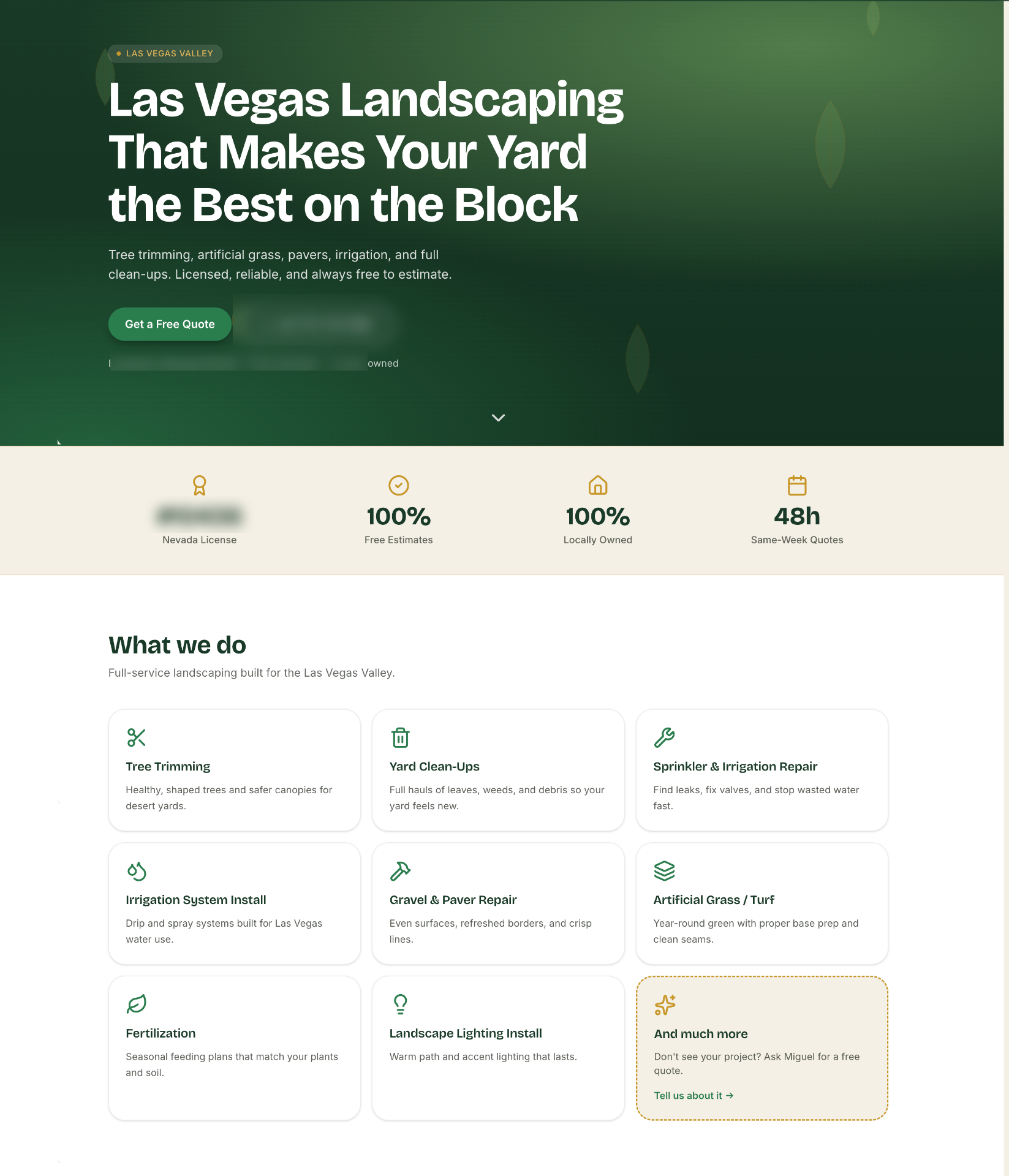 A modern landscaping company website with a bold hero and services grid.