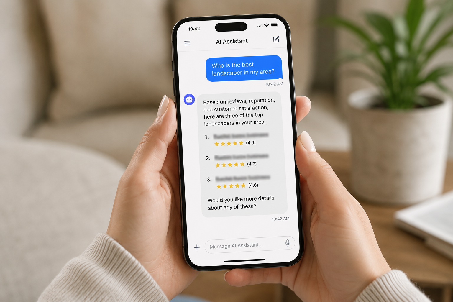 A homeowner holding a phone, asking an AI assistant who the best landscaper in their area is.