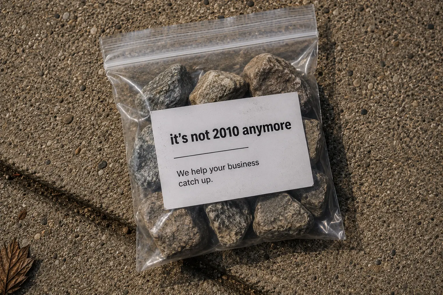 A bag of rocks on a driveway with a note reading "it's not 2010 anymore. We help your business catch up."