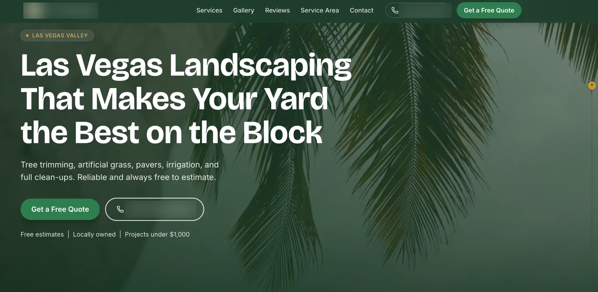 A modern landscaping company website with a bold hero and a services grid.